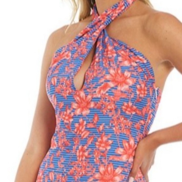 Badgley Mischka Halter Orange Blue Floral Stripe Dress Spring Delilah New - Picture 10 of 11